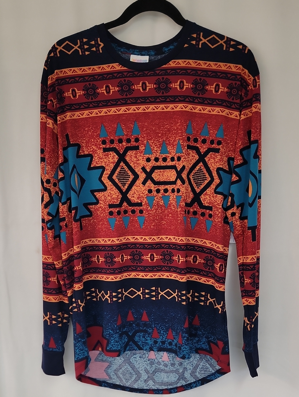 LuLaRoe Women's Crewneck Top - Red, Orange & Blue Aztec Print
